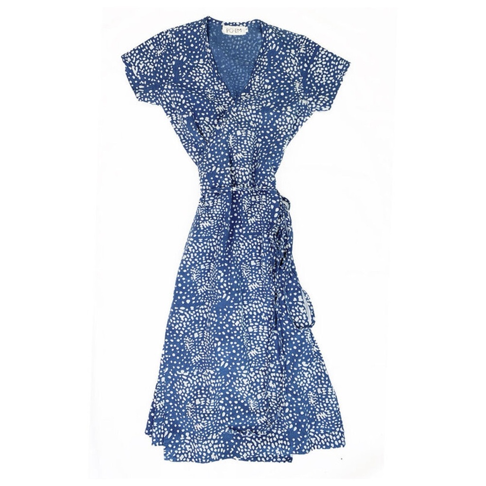 PO-EM Ode Wrap Blue Splash Midi Dress, Sz M